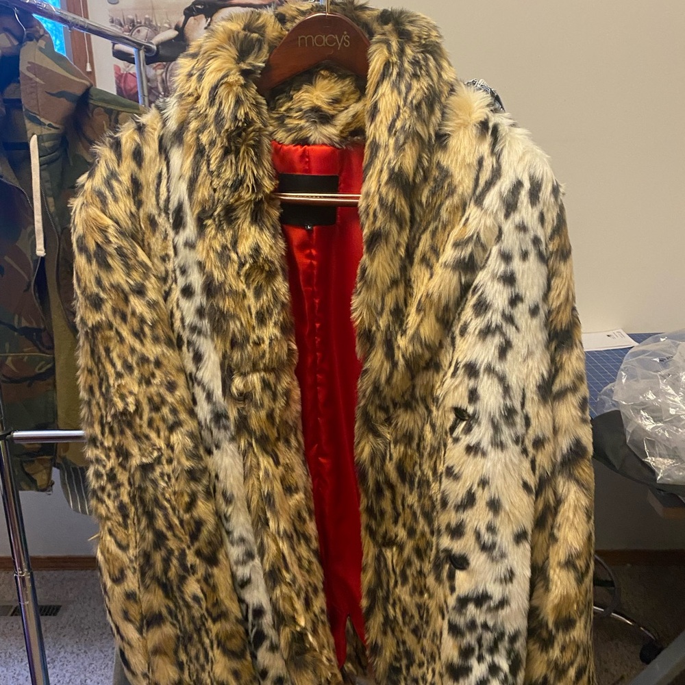 Brown and Red Pea Coat with Plush Texture and Prominent Collar